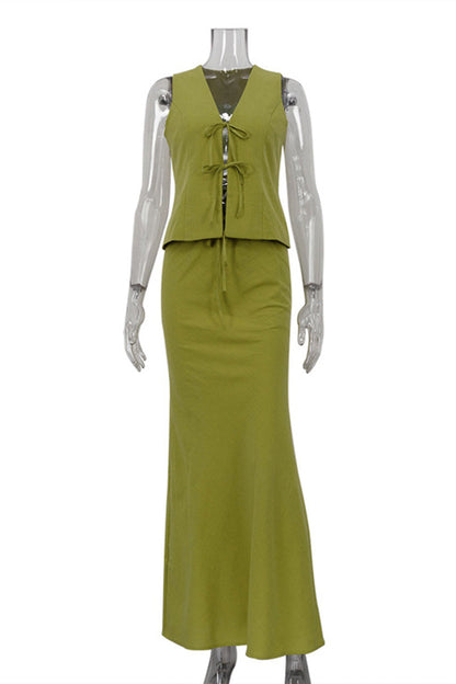 Conjunto informal de dos piezas con cuello en V, sin mangas, color sólido y cordones (3 colores)