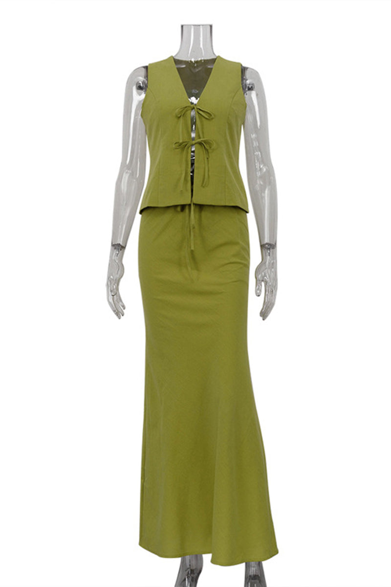 Conjunto informal de dos piezas con cuello en V, sin mangas, color sólido y cordones (3 colores)