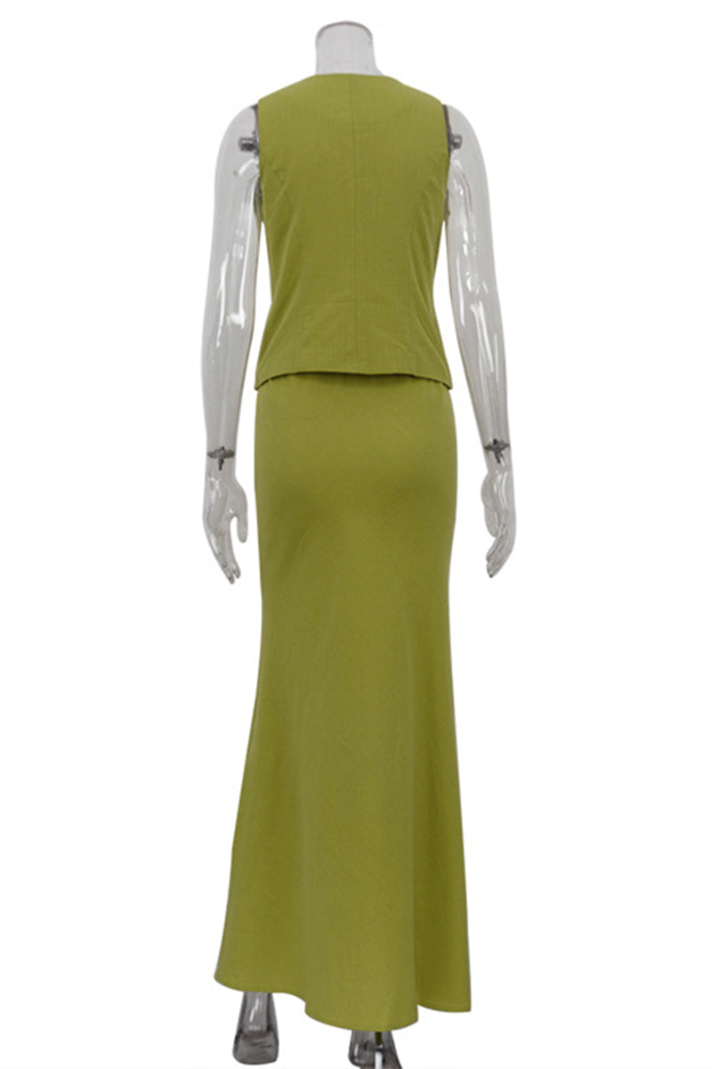 Conjunto informal de dos piezas con cuello en V, sin mangas, color sólido y cordones (3 colores)