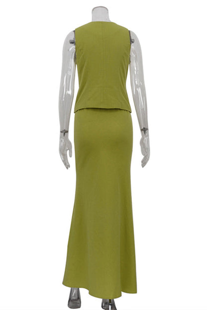 Conjunto informal de dos piezas con cuello en V, sin mangas, color sólido y cordones (3 colores)