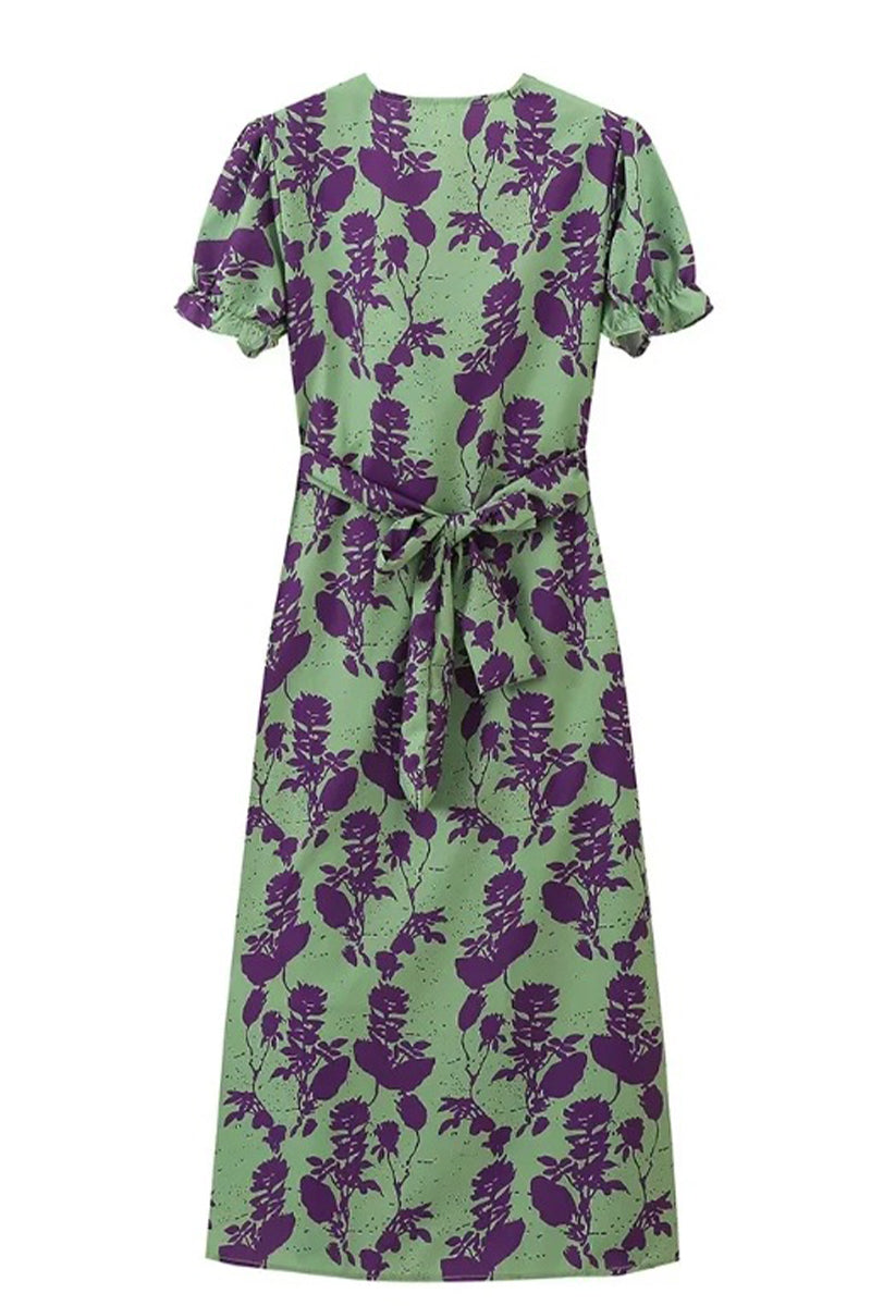 Vestidos sexis de corte A con escote en V fruncido y encaje con estampado floral