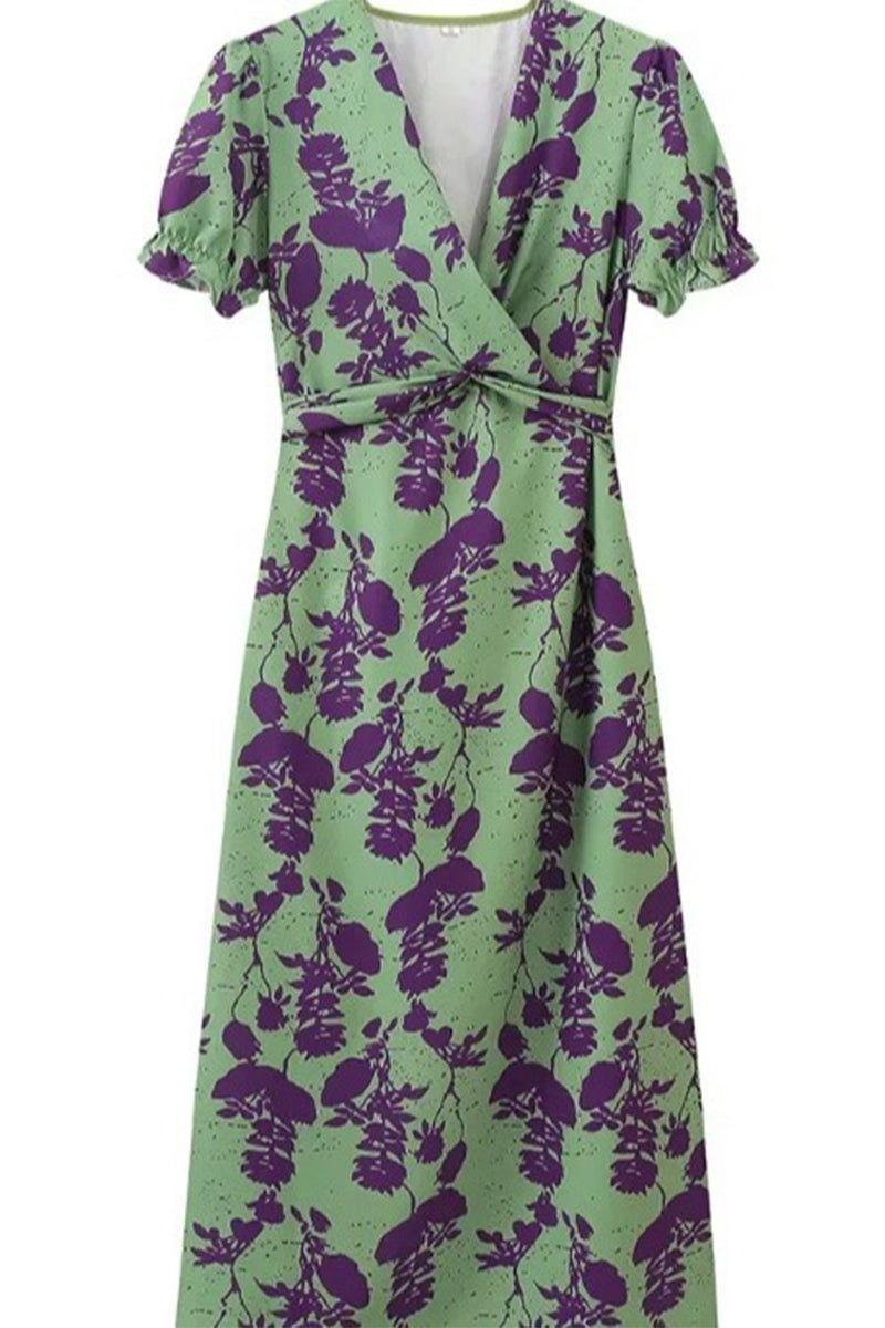 Vestidos sexis de corte A con escote en V fruncido y encaje con estampado floral