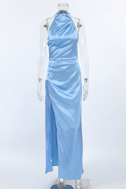 Vestidos de fiesta sexys de un solo paso con falda halter y abertura en color sólido