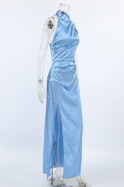 Vestidos de fiesta sexys de un solo paso con falda halter y abertura en color sólido