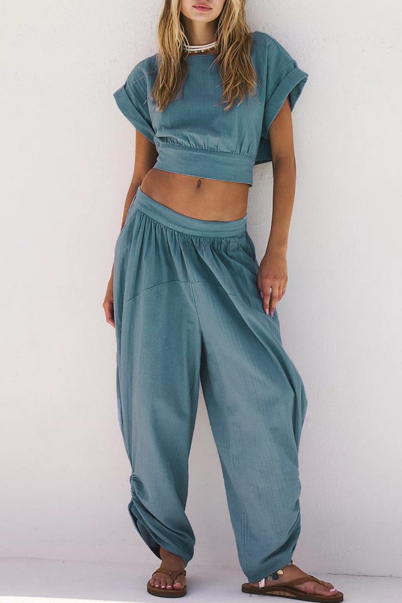 Conjunto informal de dos piezas con cuello redondo, manga corta, espalda descubierta, color sólido, con cordones (3 colores)