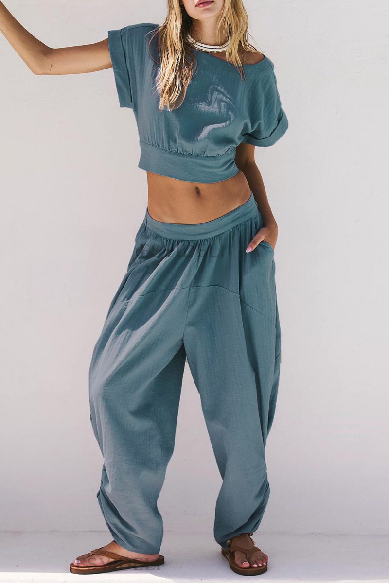 Conjunto informal de dos piezas con cuello redondo, manga corta, espalda descubierta, color sólido, con cordones (3 colores)