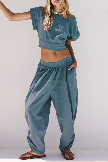 Conjunto informal de dos piezas con cuello redondo, manga corta, espalda descubierta, color sólido, con cordones (3 colores)