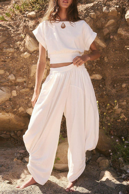 Conjunto informal de dos piezas con cuello redondo, manga corta, espalda descubierta, color sólido, con cordones (3 colores)