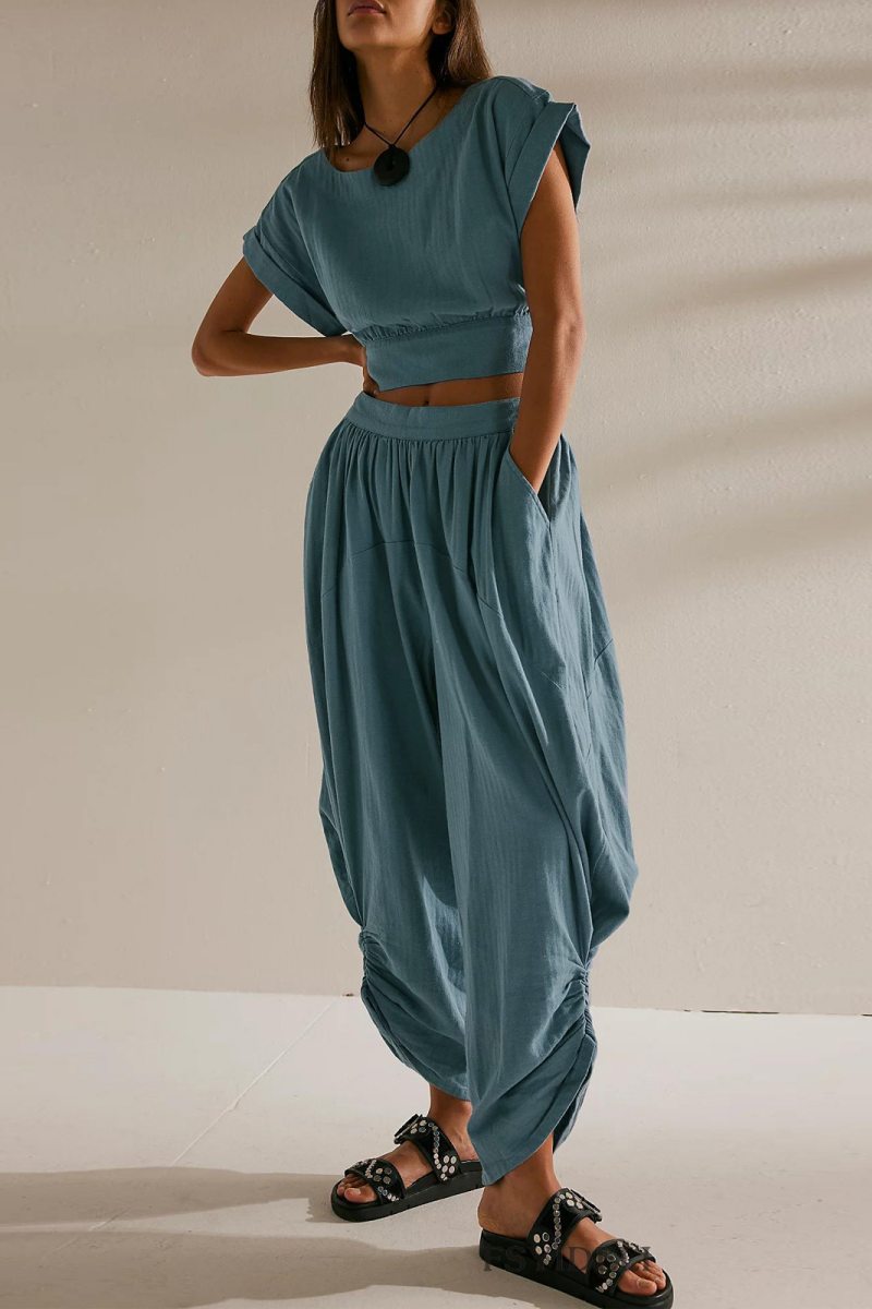 Conjunto informal de dos piezas con cuello redondo, manga corta, espalda descubierta, color sólido, con cordones (3 colores)