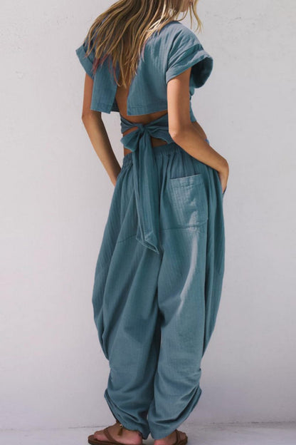 Conjunto informal de dos piezas con cuello redondo, manga corta, espalda descubierta, color sólido, con cordones (3 colores)