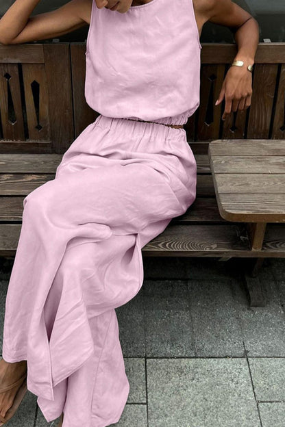 Conjunto informal de dos piezas sin mangas con cuello redondo y abertura en color sólido (3 colores)