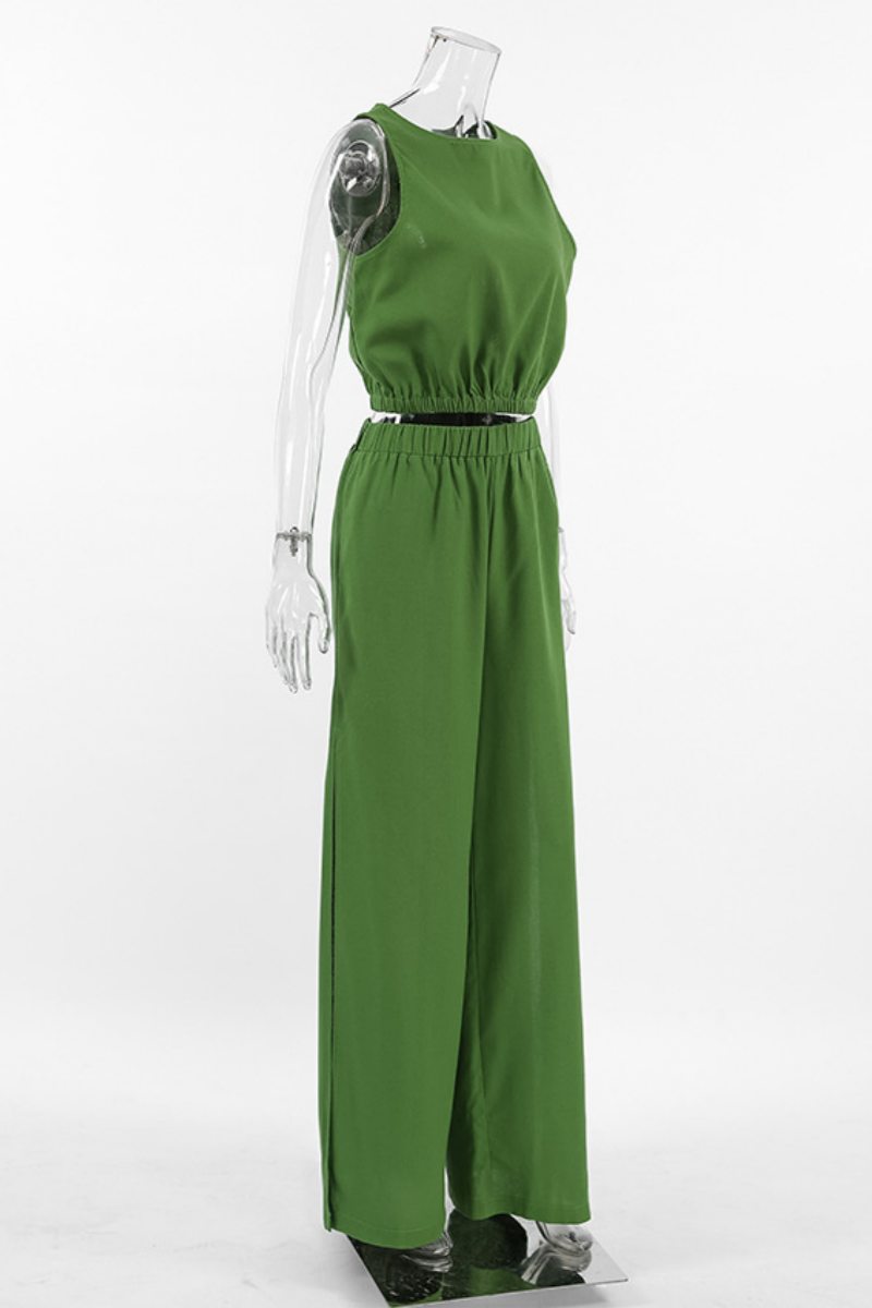 Conjunto informal de dos piezas sin mangas con cuello redondo y abertura en color liso (3 colores)