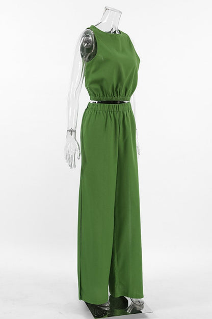 Conjunto informal de dos piezas sin mangas con cuello redondo y abertura en color liso (3 colores)