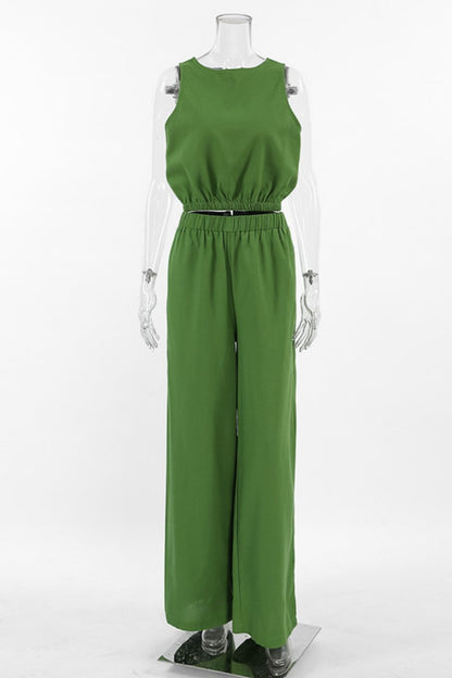 Conjunto informal de dos piezas sin mangas con cuello redondo y abertura en color sólido (3 colores)