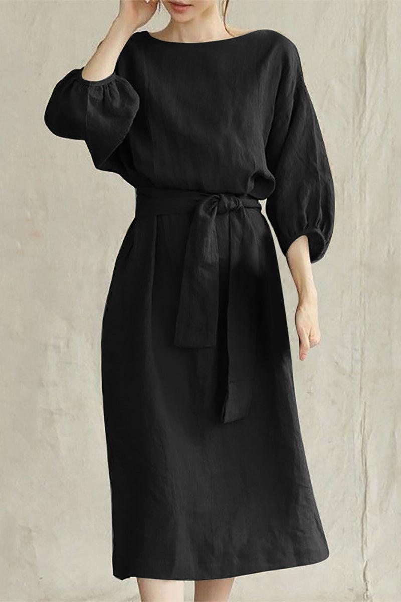 Vestidos casuales de corte A con cuello redondo, de color liso y cordones (12 colores)