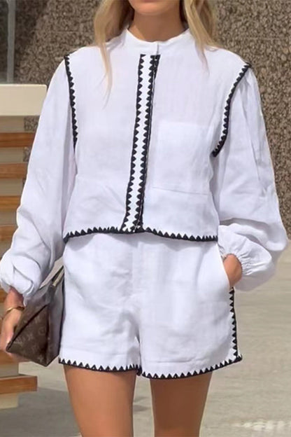 Conjunto informal de dos piezas de manga larga con contraste, bolsillos y parches en color liso para calle