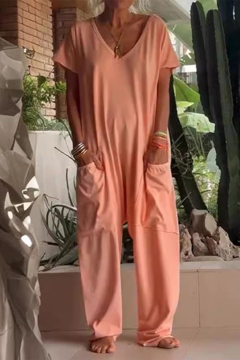 Monos holgados informales de color liso con bolsillos y cuello en V para uso diario (8 colores)