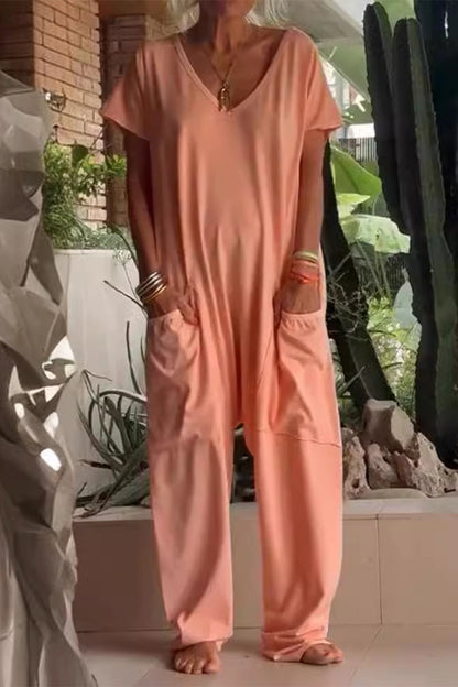 Monos holgados informales de color liso con bolsillos y cuello en V para uso diario (8 colores)