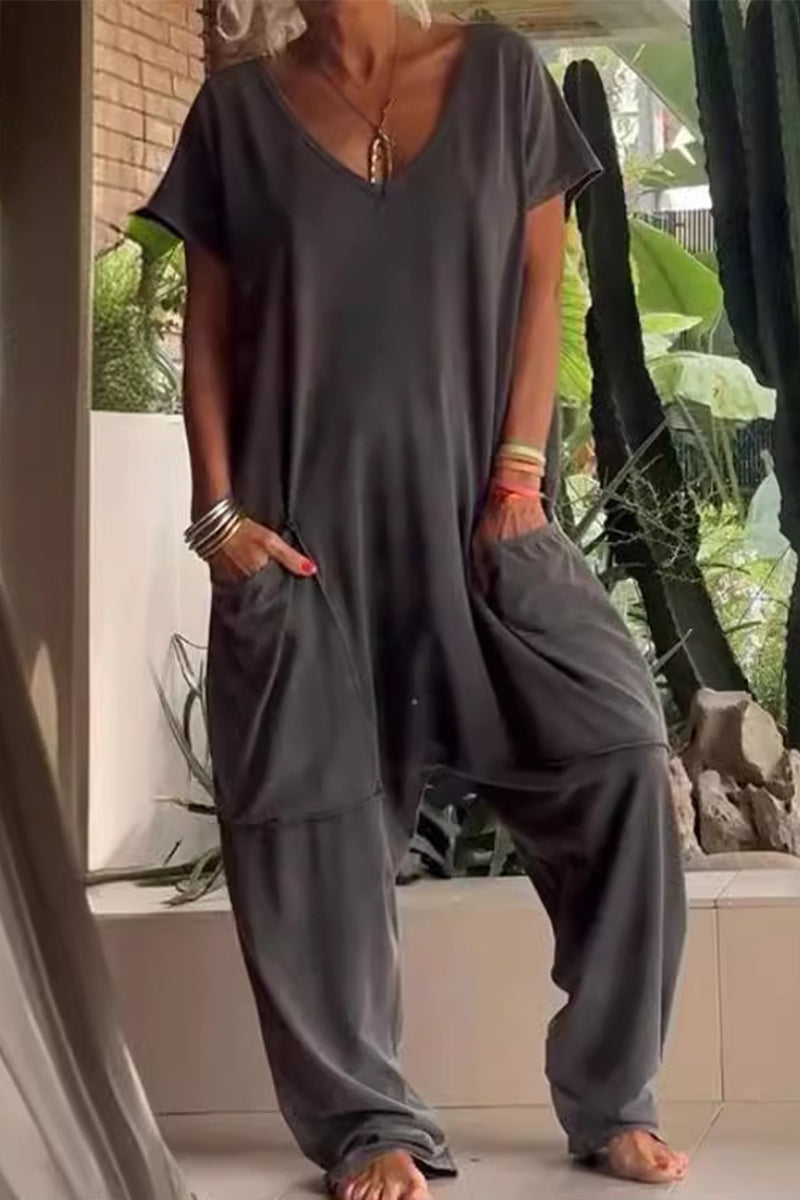 Monos holgados informales de color liso con bolsillos y cuello en V para uso diario (8 colores)