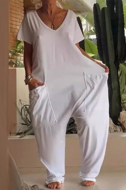 Monos holgados informales de color liso con bolsillos y cuello en V para uso diario (8 colores)