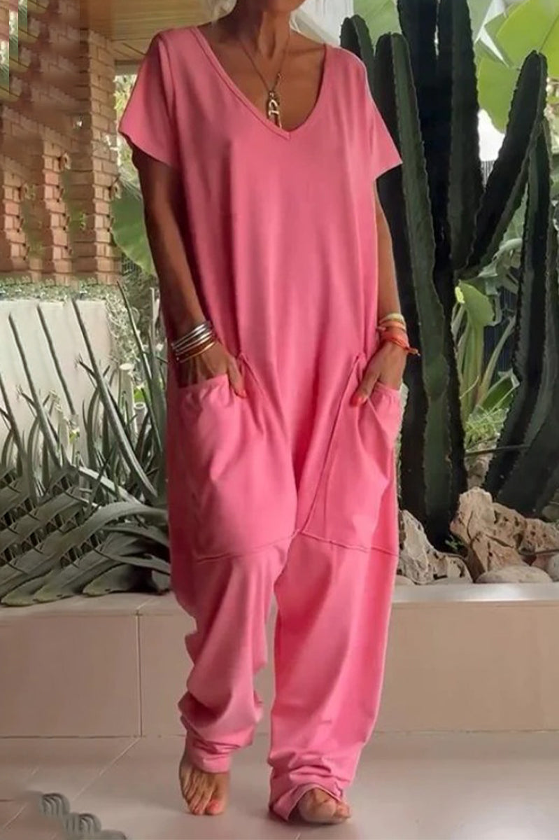 Monos holgados informales de color liso con bolsillos y cuello en V para uso diario (8 colores)