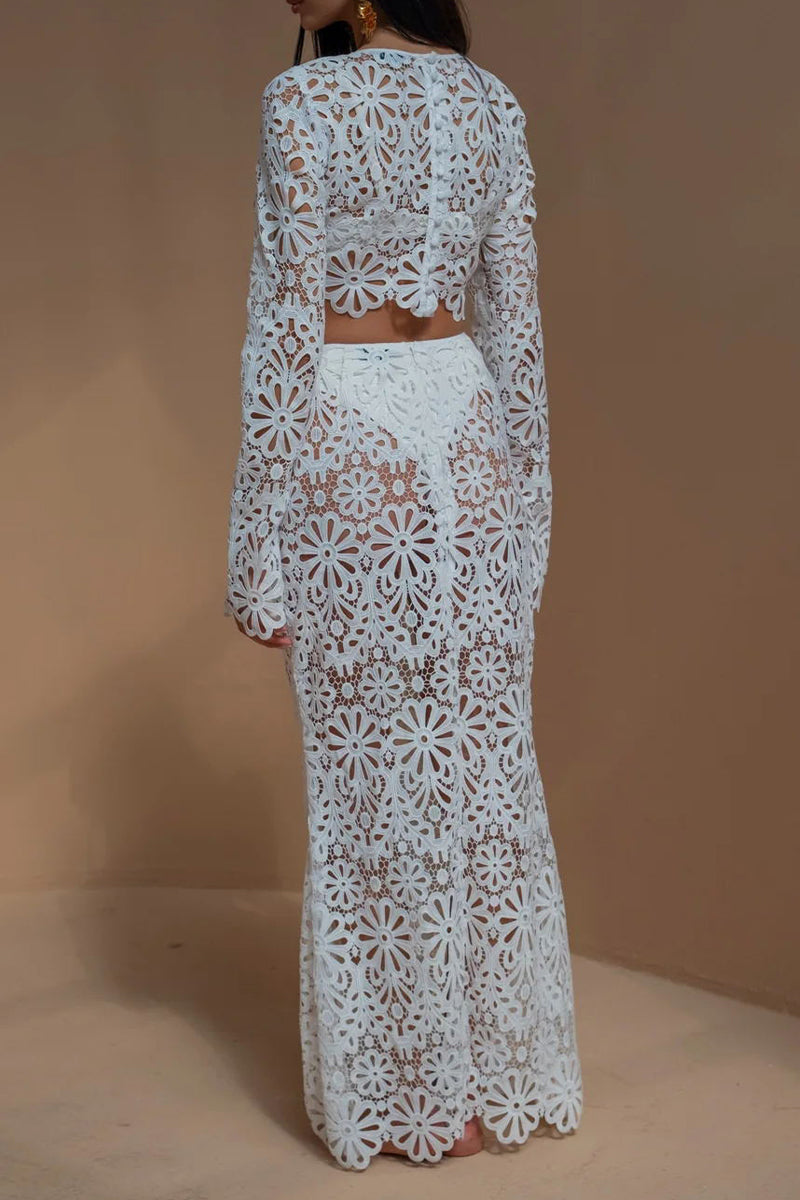 Conjunto de dos piezas de manga larga con cuello redondo y encaje calado de color sólido sexy