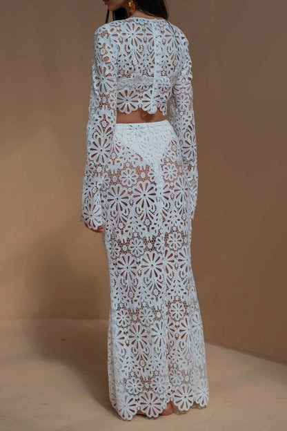 Conjunto de dos piezas de manga larga con cuello redondo y encaje calado de color sólido sexy