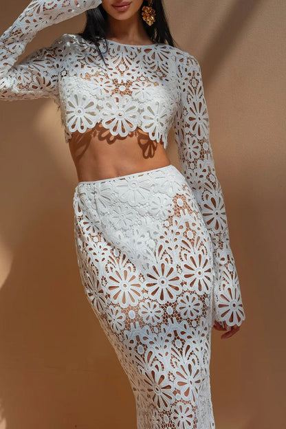 Conjunto de dos piezas de manga larga con cuello redondo y encaje calado de color sólido sexy