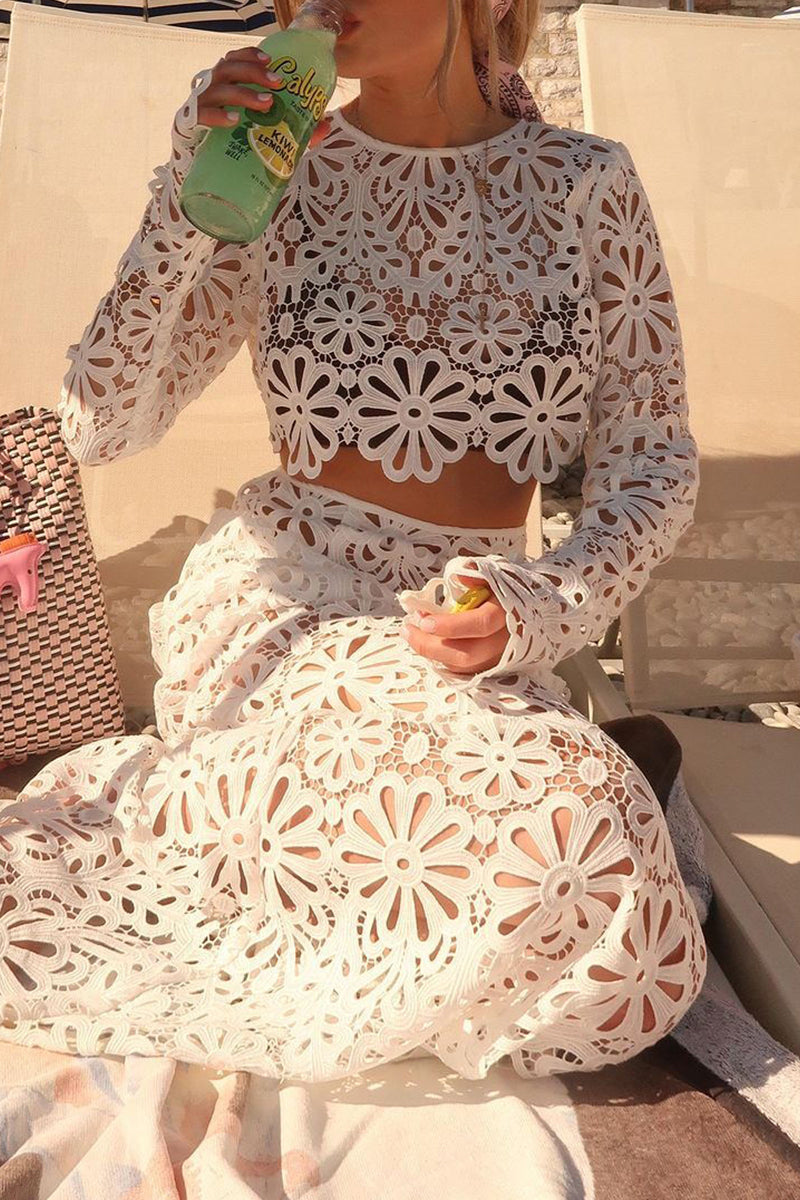 Conjunto de dos piezas de manga larga con cuello redondo y encaje calado de color sólido sexy