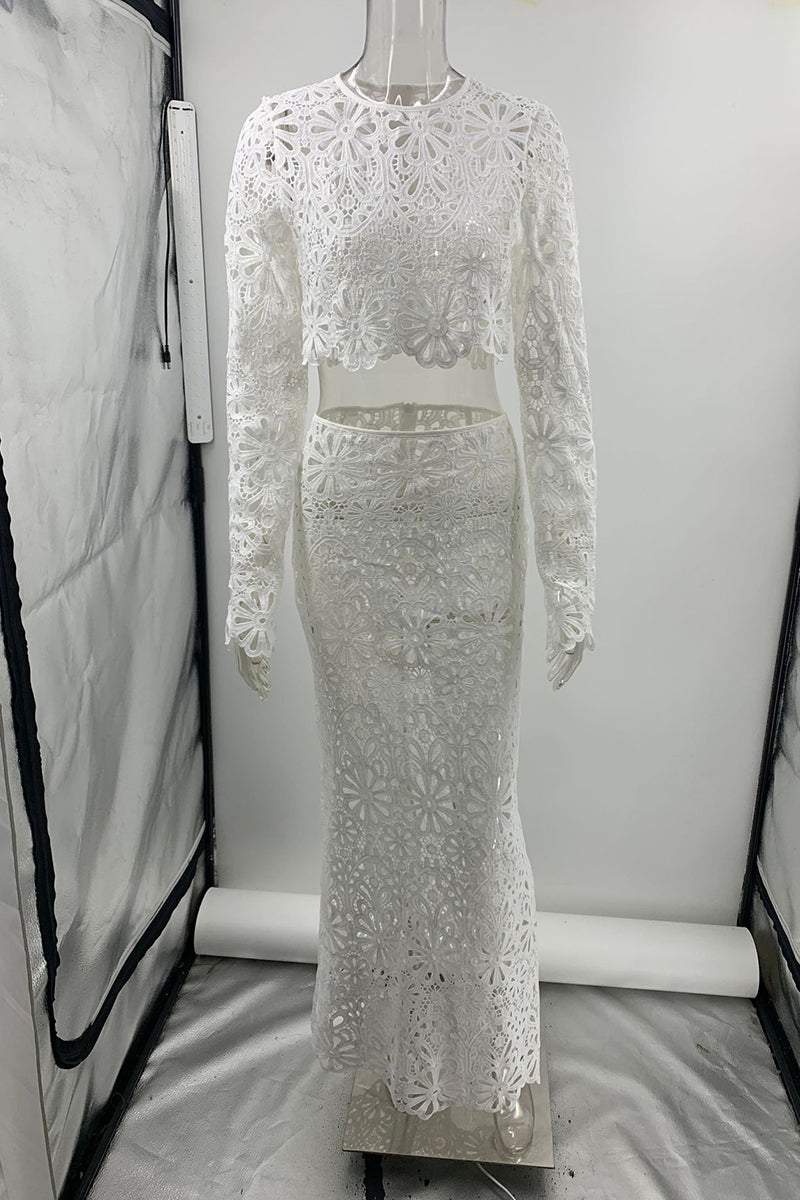 Conjunto de dos piezas de manga larga con cuello redondo y encaje calado de color sólido sexy