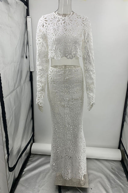 Conjunto de dos piezas de manga larga con cuello redondo y encaje calado de color sólido sexy