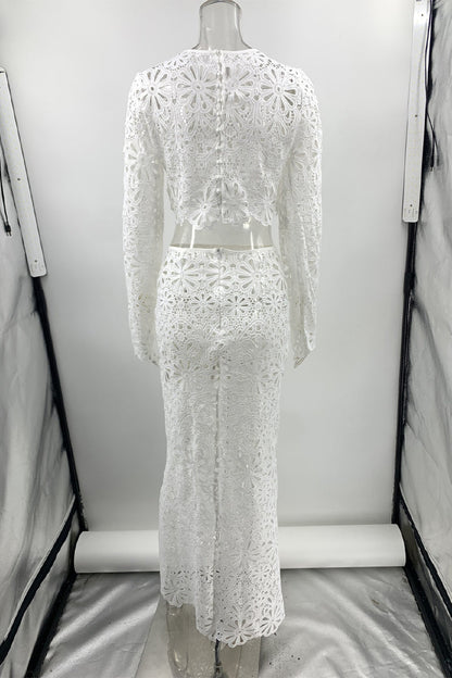 Conjunto de dos piezas de manga larga con cuello redondo y encaje calado de color sólido sexy