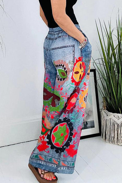 Pantalones casuales con estampado de grafiti callejero, flores, bolsillos, cintura alta, pierna ancha y estampado completo (3 colores)