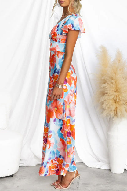 Vestidos sexis de falda de un solo paso con escote en V y estampado floral en contraste