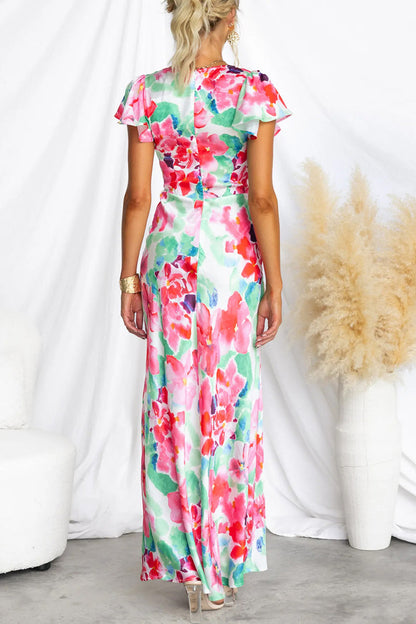 Vestidos sexis de falda de un solo paso con escote en V y estampado floral en contraste