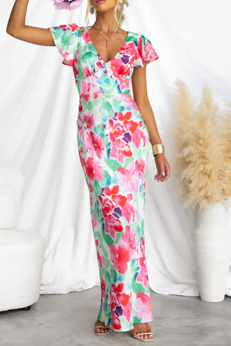 Vestidos sexis de falda de un solo paso con escote en V y estampado floral en contraste