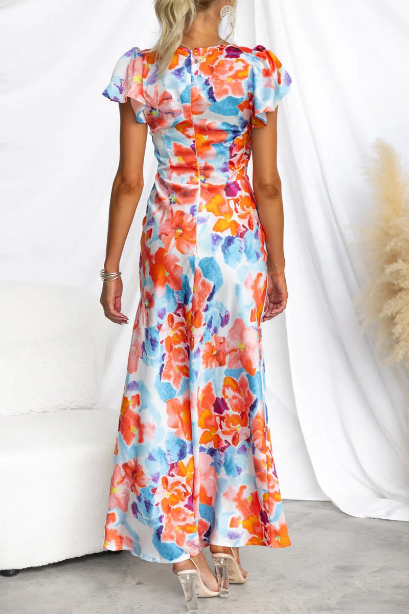 Vestidos sexis de falda de un solo paso con escote en V y estampado floral en contraste