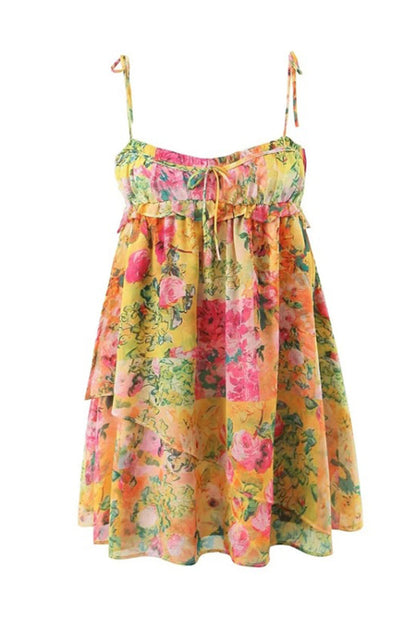 Vestidos sexis con estampado floral, cordones, orillo de fibra, patchwork, cuello en U y tirantes