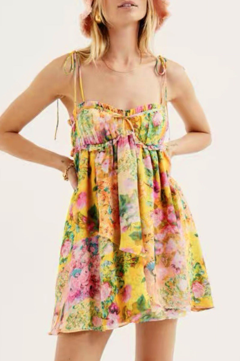 Vestidos sexis con estampado floral, cordones, orillo de fibra, patchwork, cuello en U y tirantes