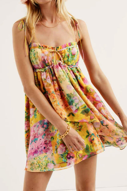 Vestidos sexis con estampado floral, encaje, orillo de fibras, patchwork, cuello en U y tirantes