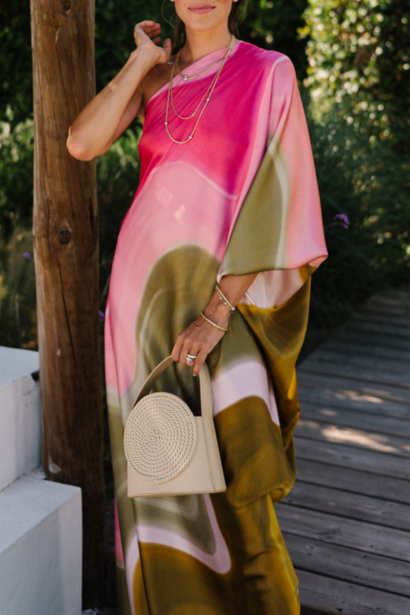 Vestidos largos casuales con cuello oblicuo, espalda descubierta y estampado