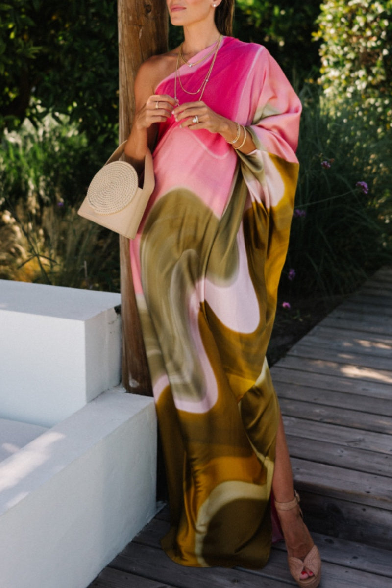 Vestidos largos casuales con cuello oblicuo, espalda descubierta y estampado