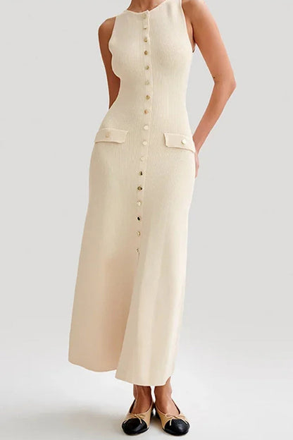 Vestidos casuales de uso diario con hebilla de color sólido y cuello redondo sin mangas