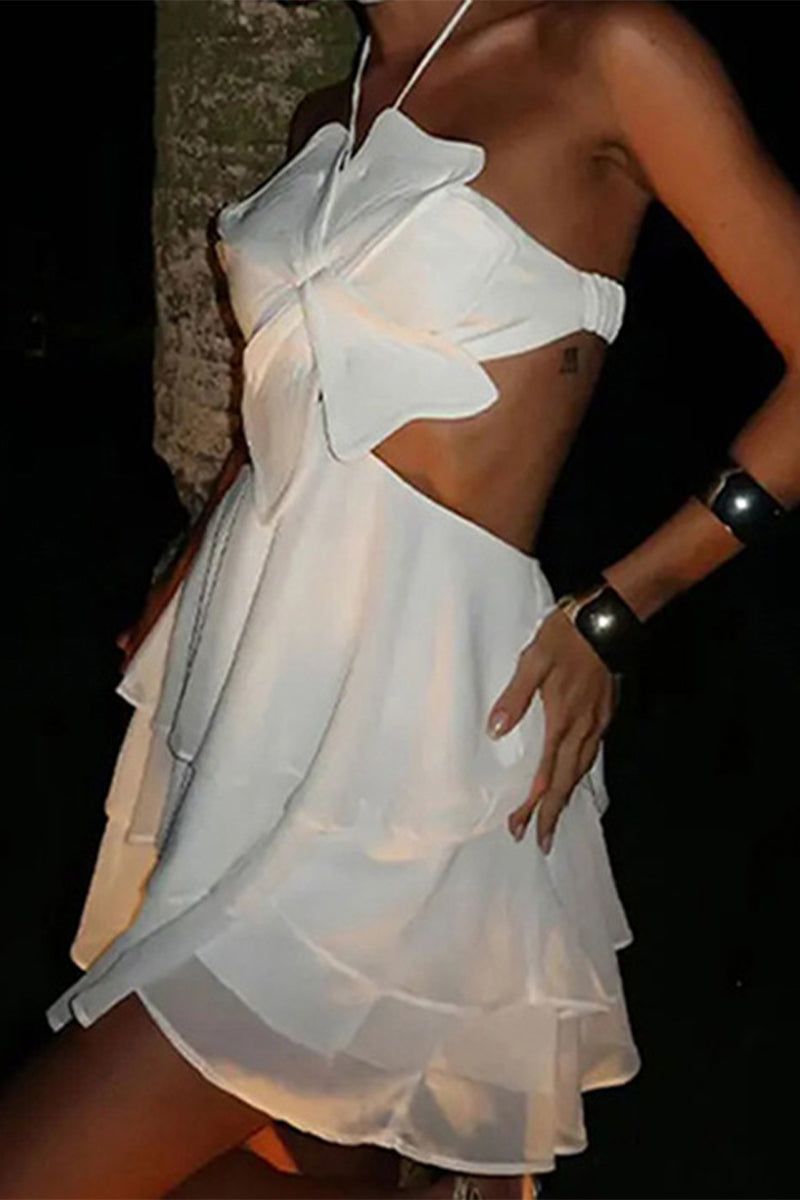 Vestido sexy de color sólido con espalda descubierta, volantes, flores, cuello halter y falda pastel