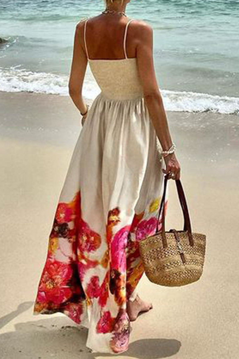 Vestidos sexis de vacaciones con estampado floral, espalda descubierta y fruncido