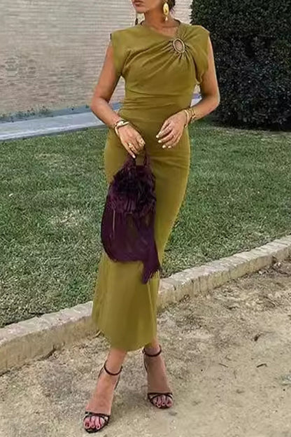 Vestidos casuales de diario con falda de un solo paso, de color sólido, con fruncido y cuello redondo