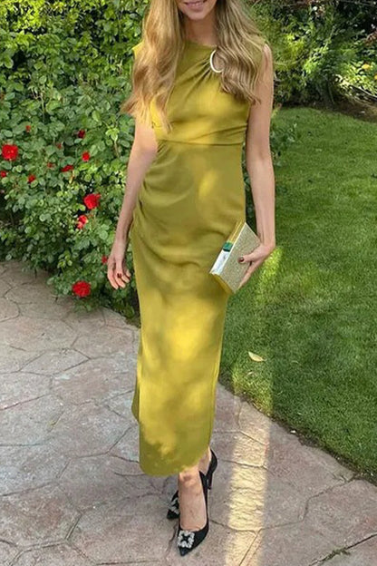 Vestidos casuales de diario con falda de un solo paso, de color sólido, con fruncido y cuello redondo