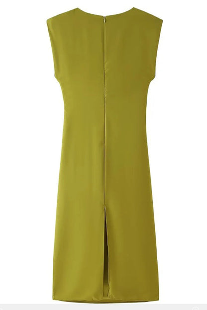 Vestidos casuales de diario con falda de un solo paso, de color sólido, con fruncido y cuello redondo