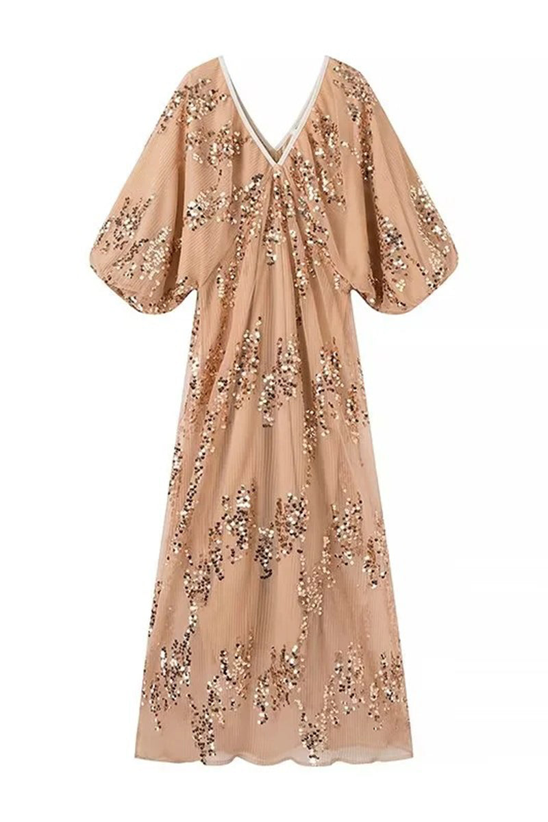 Vestidos de celebridades sexys con lentejuelas y escote en V y falda de un solo paso