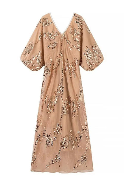 Vestidos de celebridades sexys con lentejuelas de color sólido y escote en V, falda de un solo paso